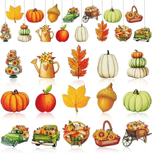 Haooryx Adorno colgante de madera de acuarela de otoño, 46 piezas de calabaza de otoño, hojas de arce, flores de madera, colgante decorativo de