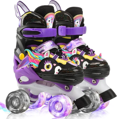 Miniatura 7 de Dino - Patines de ruedas para niños y niñas, WESKIFAN Dinosaur Quad Skating Shoes con ruedas brillantes y tamaños ajustables para principiantes
