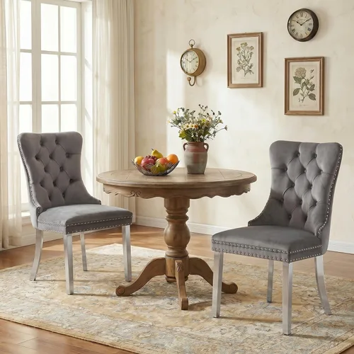 Miniatura 36 de SoarFlash Juego de 2 sillas de comedor de tela de lino, sillas de comedor tapizadas con ribete de cabeza de clavo y patas de madera de color claro