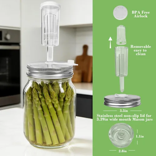 Miniatura 2 de Kit de fermentación de tarros de masón de boca ancha con 4 tapas de fermentación, 4 pesos de fermentación de vidrio, 4 esclusas para fermentación, 5