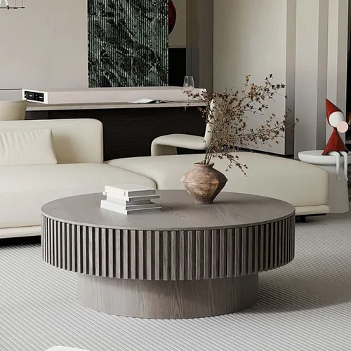 Miniatura 7 de Mesa de centro redonda de 39 pulgadas con almacenamiento, moderna mesa de centro de madera con chapa de madera maciza, mesa central circular