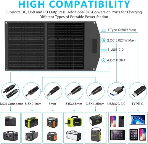 Miniatura 4 de MARBERO Panel Solar Portátil de 100W 100 Vatios Panel Solar Plegable para Estación de Energía con USB y Salida DC de 18V (10 Conectores) 23%