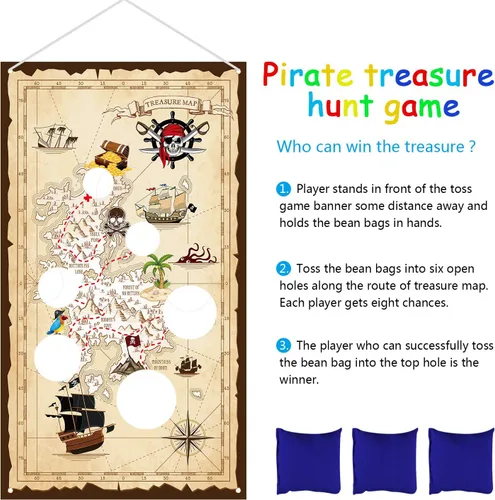 Miniatura 3 de Blulu Juego de lanzamiento de bolsas de puf pirata con 3 bolsas de frijoles para niños, decoraciones de fiesta temática pirata de Halloween