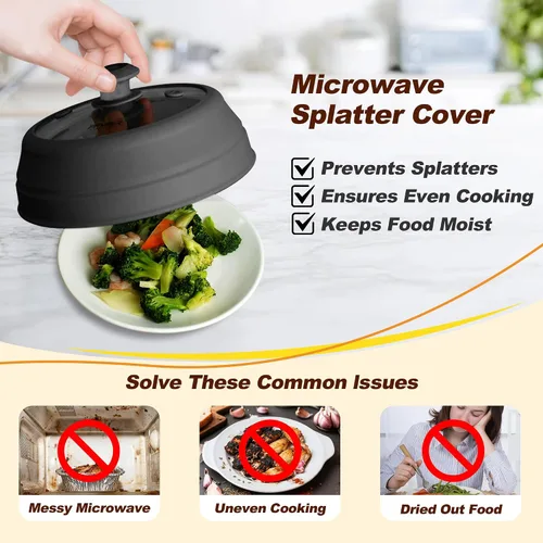 Miniatura 3 de FPVIER Cubierta plegable para salpicaduras de microondas - Tapa ventilada de silicona y vidrio con mango de fácil agarre, se ajusta a platos