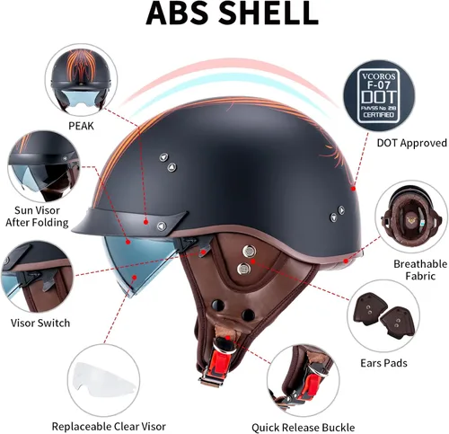 Miniatura 8 de VCOROS - Medio casco para motocicleta F07 de cara abierta, aprobado por DOT VCOROS Medio casco de motocicleta F07 de cara abierta aprobado por DOT