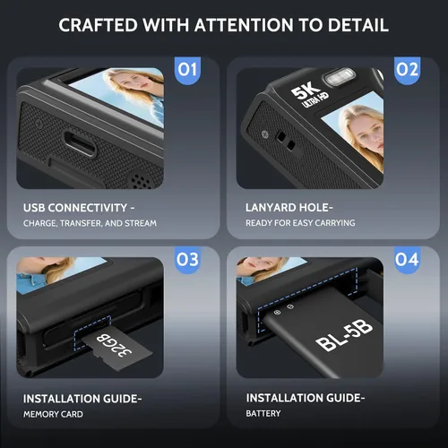 Miniatura 7 de Cámara digital 5K, cámara de doble pantalla con zoom digital de 18X, cámara compacta de vlogging para adolescentes, paquete de regalo