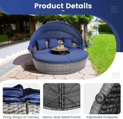 Miniatura 4 de HAPPYGRILL Sofá cama al aire libre con toldo, sofá modular de mimbre de ratán con mesa auxiliar, cojines, juego de conversación de patio para Gris