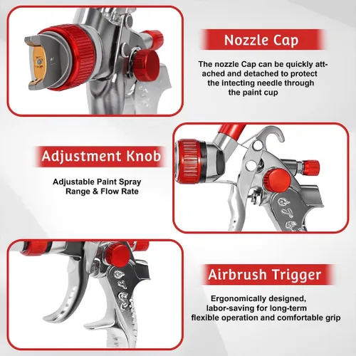 Miniatura 4 de HVLP - Kit de pistola pulverizadora con 4 boquillas (1.4/1.7/2.0/0.098 in), 10 vasos de pintura desechables de 20.3 fl oz y regulador de presión
