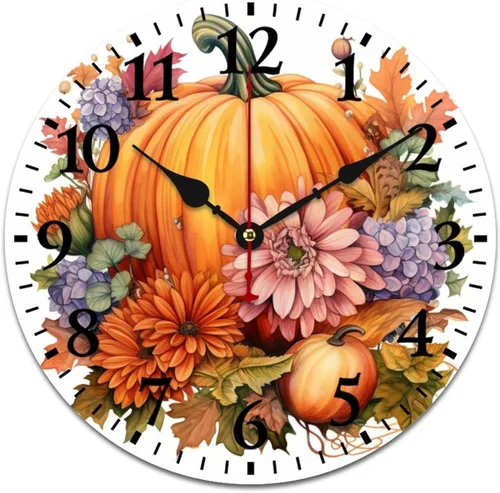 Reloj de pared de madera Country Autumn Harvest Acuarela Calabaza Flores Redondo Reloj Decorativo de Calidad Cuarzo Sin Ticking Otoño Acción de