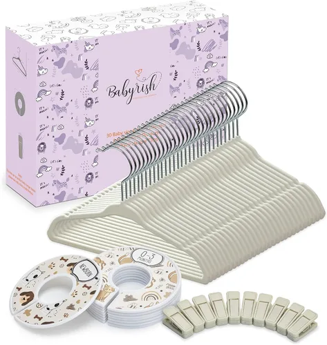 Babyrish Perchas de terciopelo para bebé con 10 clips y 8 divisores (paquete de 30) | Perchas ultrafinas para ropa de bebé de 11 pulgadas | Fieltro