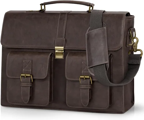 Miniatura 7 de RAINSMORE Bolsa de mensajero para hombre de 15.6 pulgadas de cuero vintage para laptop, maletín impermeable, bolsa de cuero para computadora laptop