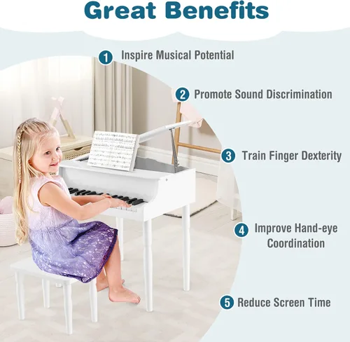 Miniatura 7 de HONEY JOY Piano clásico para niños, mini piano de cola de 30 teclas con soporte de música y banco, juguete de instrumento musical de madera con tapa