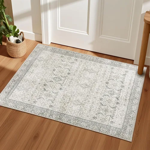Alfombra lavable de 2 x 3 pies, color beige floral, tapete para puerta de entrada interior, tapetes de cocina para piso, color blanco crema