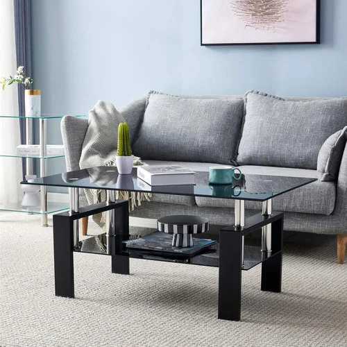 Miniatura 7 de Mesa de centro rectangular de cristal negro de 43.3 pulgadas, mesa de centro transparente, mesas centrales laterales modernas para sala de estar