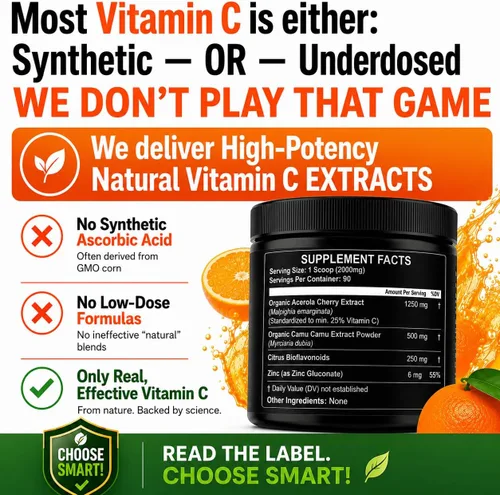 Miniatura 3 de Vitamina C natural de Acerola Cherry & Camu Camu en polvo, alta absorción con bioflavonoides cítricos, refuerzo del sistema inmunológico y colágeno