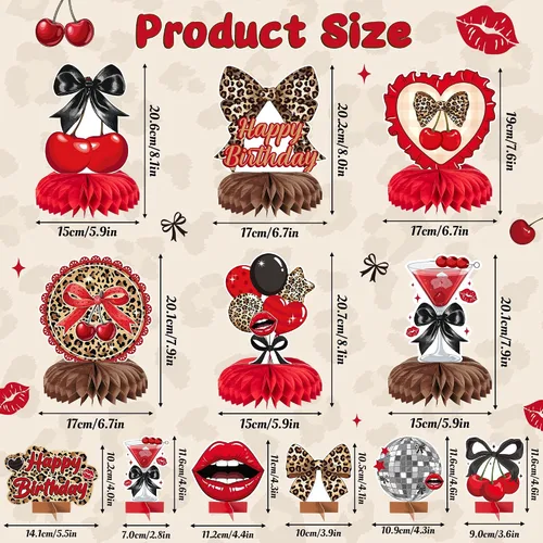 Miniatura 2 de Haooryx Centros de mesa de panal de cereza, guepardo rojo, 12 piezas, estampado de leopardo, lazo negro, decoración de mesa para fiesta