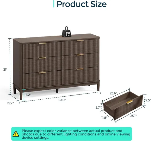 Miniatura 3 de LINSY Cómoda acanalada para dormitorio con 6 cajones, cómoda moderna de mediados de siglo con manijas de metal dorado, cómodas anchas de madera