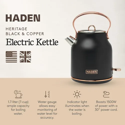 Miniatura 2 de Haden Heritage 1.7 litros Hervidor Eléctrico de Acero Inoxidable, Hervidor de Agua Caliente para Té con Base de 360 Grados y Apagado Automático
