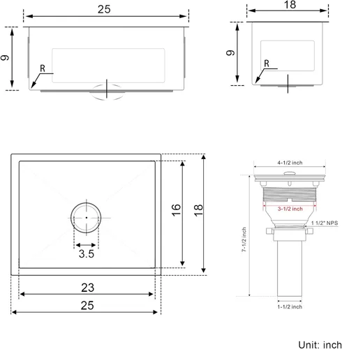 Miniatura 6 de Fregadero de cocina de 22 x 18 pulgadas, fregadero de acero inoxidable 304 negro hecho a mano, esquina apretada R10, cuenco individual de 9 pulgadas