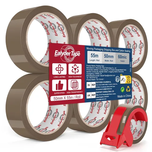 Miniatura 8 de Cinta de embalaje marrón de 2 pulgadas x 60 yardas, 3 rollos con dispensador - Cinta de sellado de paquetes resistente para envío, mudanza