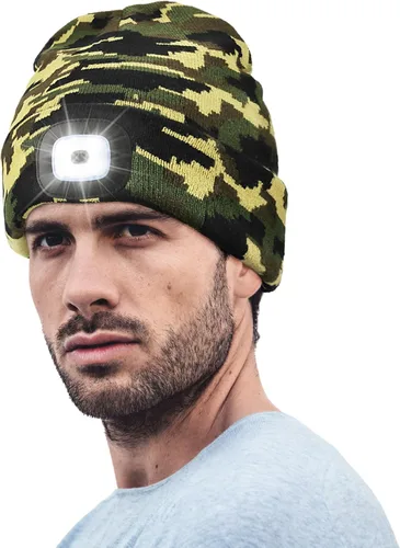 Gorro LED unisex, linterna de invierno recargable por USB, gorro de Navidad con luz para hombres camuflaje/verde militar