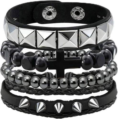 Miniatura 6 de Eigso Juego de pulsera punk de cuero negro para hombres y mujeres clásicas Vintgae tachonadas con picos de los años 80 para hombre y mujer