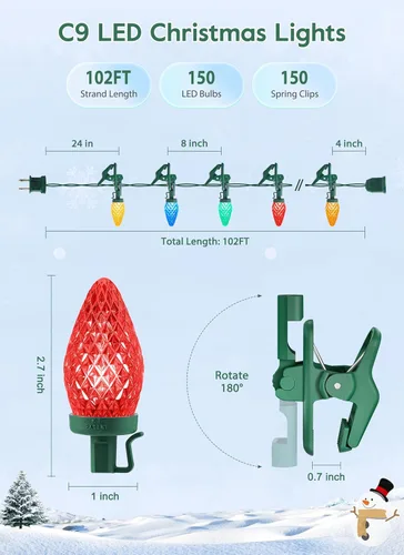 Miniatura 3 de Brightown Luces LED de Navidad C9 para Exteriores, 99 Pies 150 Luces LED C9 en Cadena con 150 Clips de Resorte, Luces de Árbol de Navidad Varios
