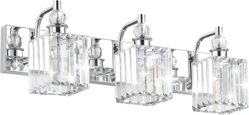 Miniatura 12 de Ralbay - Luces de tocador de cristal, 2 luces, modernas lámparas de cromo de cristal para iluminación de baño, para usar sobre el espejo