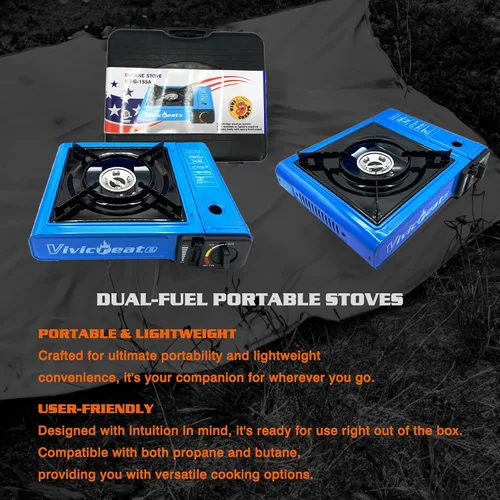 Miniatura 7 de Vivicreate Estufa de butano portátil de 7000 BTU, estufa de butano con encendido automático para campamento, quemador de gas portátil ligero con Azul
