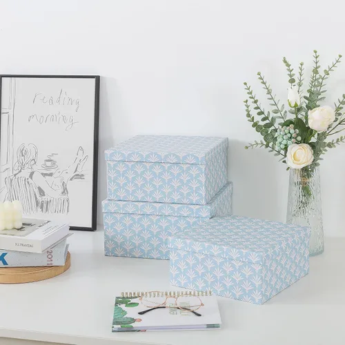 Miniatura 4 de Soul & Lane Juego de 3 cajas decorativas con tapas, cuadradas de 28 cm x 28 cm, de cartón anidadas para decoración del hogar en azul, cajas