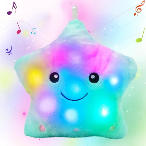 Almohada de Felpa Musical de Estrella Verde de 13 Pulgadas con Luz Nocturna Brillante Parpadeante, Peluche LED con Volumen Ajustable, Regalo de