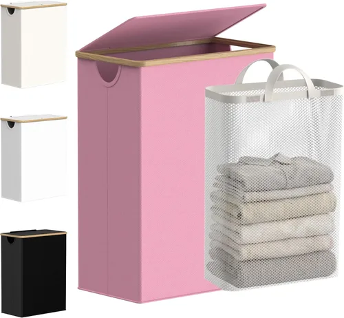 Miniatura 32 de efluky Cesta de lavandería con tapa y bolsa extraíble, cesta de lavandería de 100 litros de alto con asas de bambú, papelera estética para ropa Gris