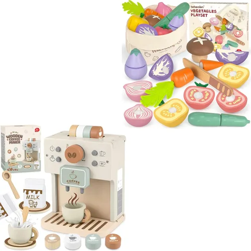 Juegos de comida de madera para niños de cocina y café de madera, juegos de simulación para niños pequeños