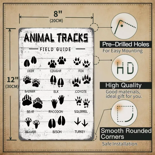 Miniatura 2 de Animal Tracks - Letrero de metal con guía de campo, arte de pared, cabaña de troncos, bosque, caza, guardería de niños, decoración rústica para casa