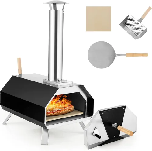 Giantex Horno de pizza al aire libre, parrilla de pellets de madera con piedra de 12 pulgadas, pelar, patas plegables, fabricante portátil de acero