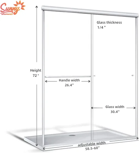 Miniatura 3 de SUNNY SHOWER Puerta de ducha semi sin marco de 60 pulgadas (ancho) x 72 pulgadas (alto), puerta de regadera de vidrio deslizante doble, recinto