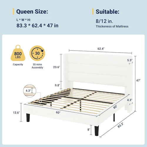 Miniatura 2 de Allewie - Base de cama tamaño Queen con cabecera acolchada tapizada en terciopelo con respaldo abatido, sin necesidad de somier, espacio de Blanco