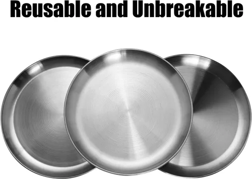 Miniatura 9 de CAMBUY Juego de platos de acero inoxidable de 10 pulgadas, platos de metal ligeros irrompibles para cena, no tóxicos, aptos para lavavajillas, sin