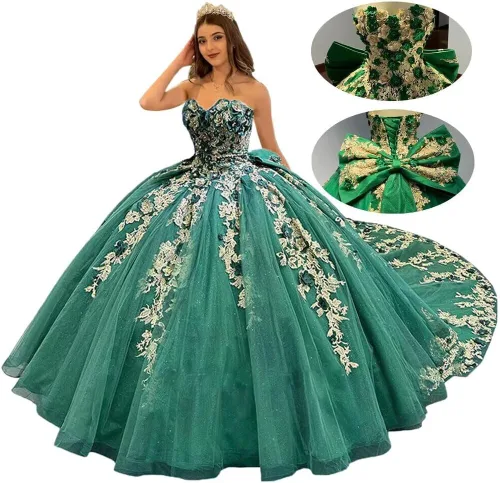 Miniatura 6 de Mouccy Vestidos de quinceañera de encaje de lujo sin tirantes con cuentas hinchadas vestidos largos de baile con tren 3D floral dulce 16 vestidos