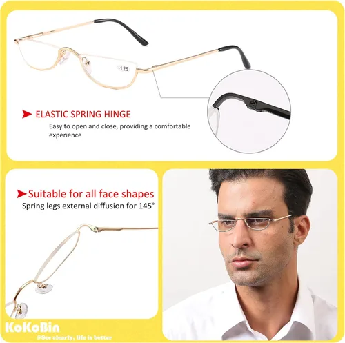Miniatura 3 de Gafas de Lectura Media Montura - 4 Pares de Gafas de Marco de Metal con Bisagra de Resorte para Hombre y Mujer, Oro 1.75
