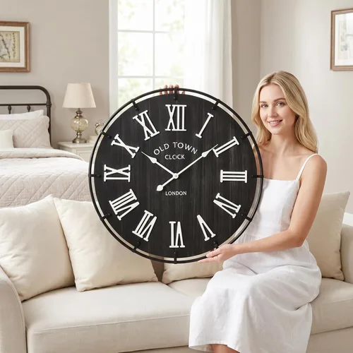 Miniatura 9 de EMAX HOME Reloj de pared grande de granja de 20 pulgadas, cara de grano de madera envejecida negra rústica con números romanos blancos, movimiento