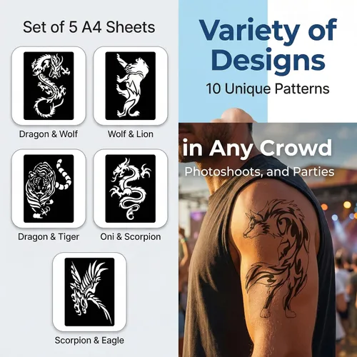 Miniatura 10 de 10 plantillas de tatuaje temporales de patrones grandes, 5 hojas tamaño A4, kit de plantillas de tatuaje tribal, plantillas profesionales de 3 capas