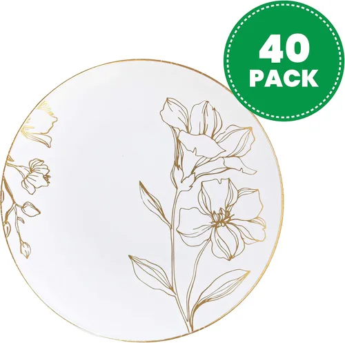 Miniatura 2 de Platos de 6 pulgadas, 40 unidades: platos de fiesta de plástico blanco con diseño floral y borde dorado, vajilla desechable elegante de peso pesado