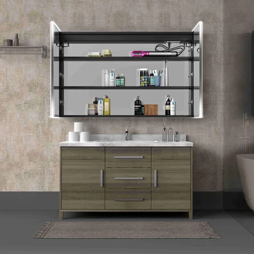 Miniatura 7 de Botiquines empotrados para baño con espejo, solo gabinete de medicina empotrado con desempañador, atenuador, tomas de corriente y USB, tres puertas