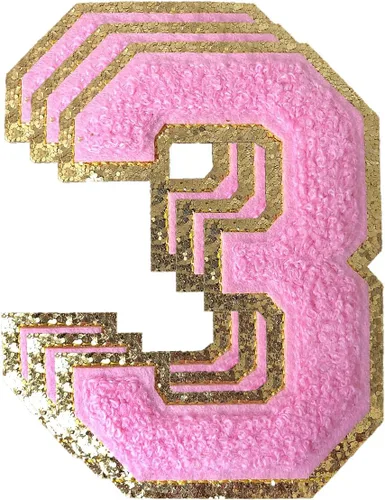 Miniatura 59 de 3 parches de números de chenilla negra, tamaño grande de 4-1/2" parches de números para planchar, parches universitarios para ropa, 8" Borde oro rosa