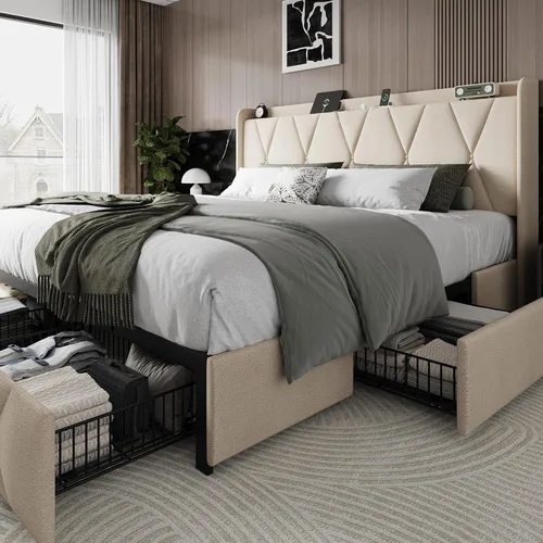 Miniatura 19 de Einhomn Marco de cama de tamaño completo con 4 cajones de almacenamiento y estación de carga, marco de cama plataforma tapizada con cabecera de Beige