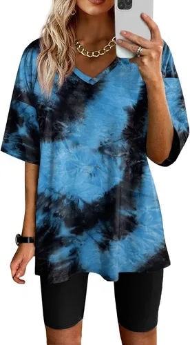 WIHOLL Conjunto de dos piezas para mujer de verano casual cuello en V camiseta de gran tamaño conjunto de pantalones cortos de motociclista