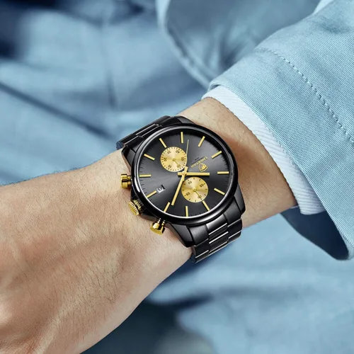 Miniatura 7 de Golden Hour Fashion Business Relojes para hombre con cronógrafo a prueba de agua de acero inoxidable reloj de cuarzo con fecha automática