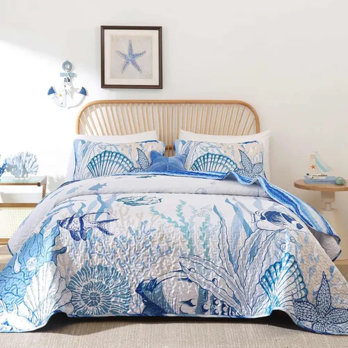 Miniatura 8 de DJY Beach Quilt Set Queen Size,3 Piece Coastal Ocean Summer Bedspread Coverlet Set with 2 Pillow Cases Lightweight Soft Microfiber Nautical Bedding