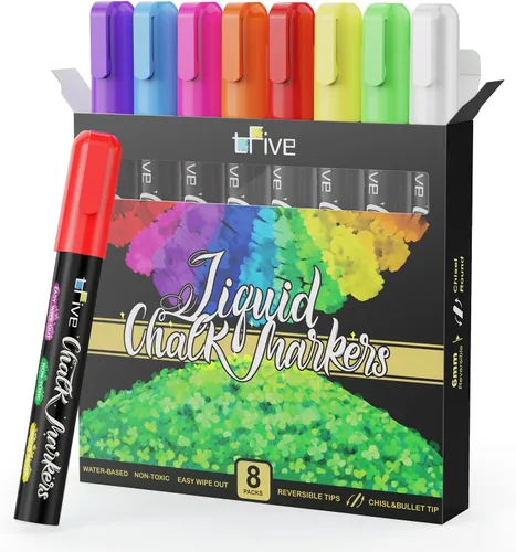 TFIVE Marcadores de tiza, 8 bolígrafos de tiza de color y 24 etiquetas, borrado en seco y húmedo, punta reversible, para pizarras, letreros,